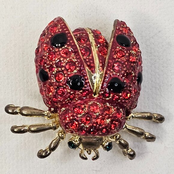 Gold Tone Red Crystal Ladybug Brooch Green Rhinestone Eyes Unmarked Pin - Picture 1 of 8